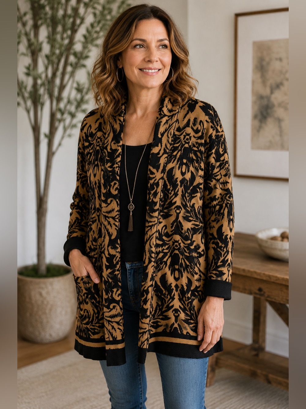 Soft Surroundings Westcourt Cardigan Large Camel Black Damask Jacquard Cotton